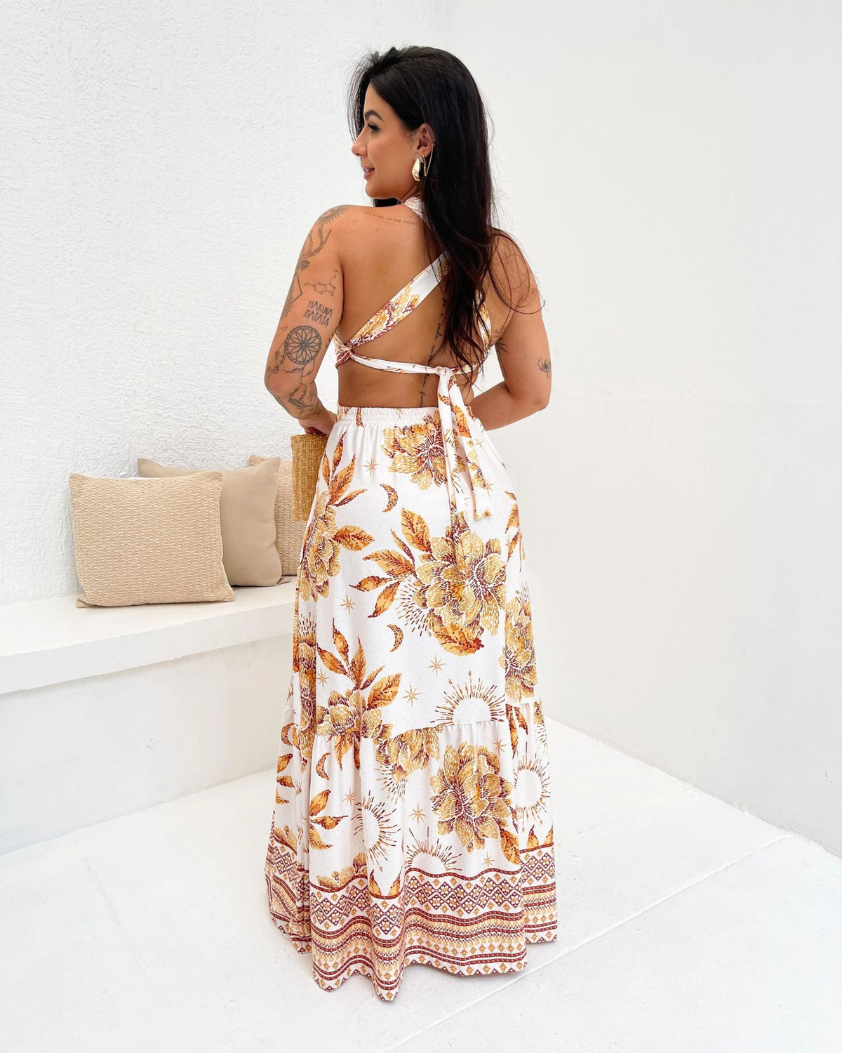 Vestido Longo Gabriela Jardim Dourado