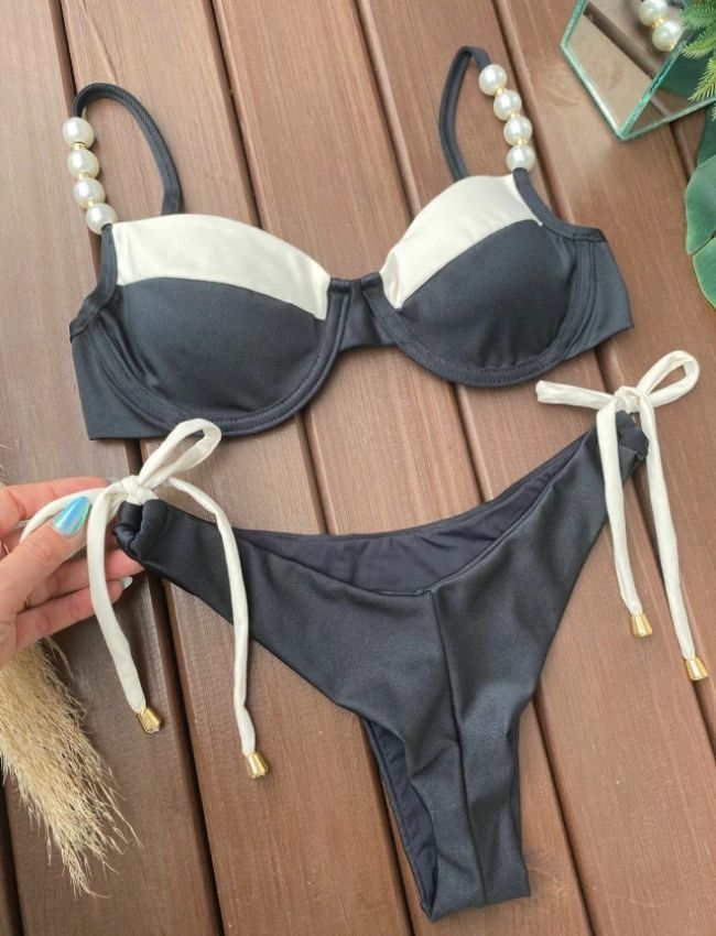 Biquíni Meia Taça com Pérolas - Preto Off White