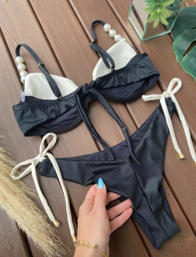 Biquíni Meia Taça com Pérolas - Preto Off White