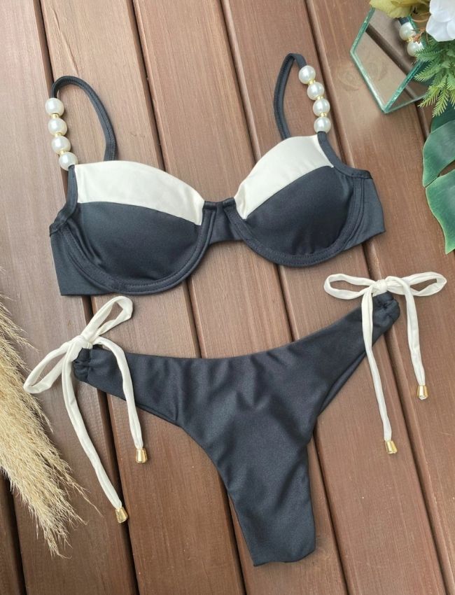 Biquíni Meia Taça com Pérolas - Preto Off White