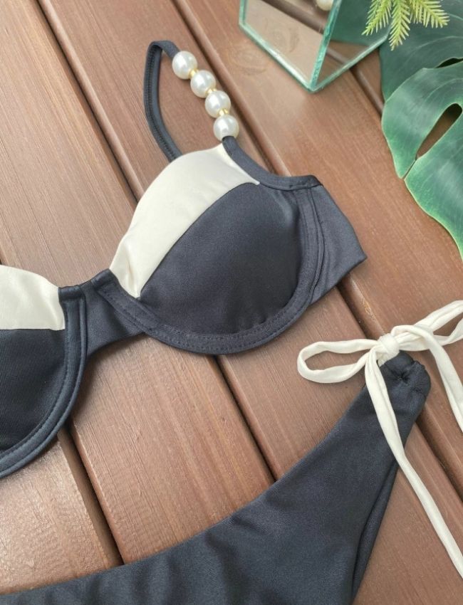 Biquíni Meia Taça com Pérolas - Preto Off White