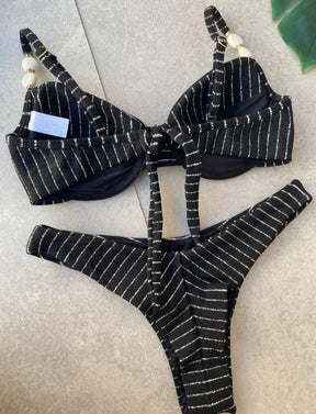 Biquíni Meia Taça com Pérolas - Preto com Listras