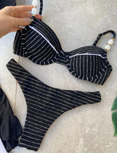 Biquíni Meia Taça com Pérolas - Preto com Listras