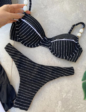 Biquíni Meia Taça com Pérolas - Preto com Listras
