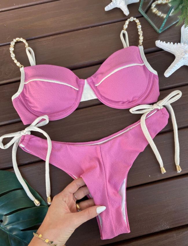 Biquíni Meia Taça com Pérolas - Rosa
