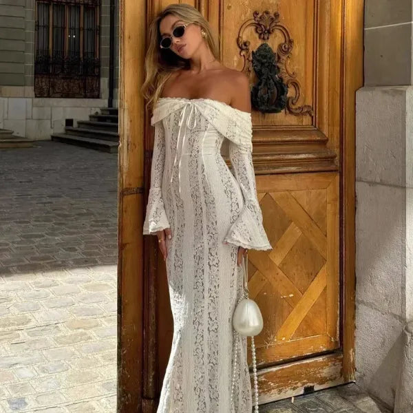 Vestido Longo Ombro a Ombro Renda Festa Elegante 2025