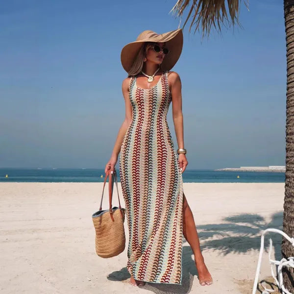 Vestido Longo Tricotado Boêmio Cintura Alta Feminino