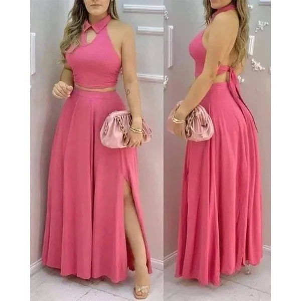 Conjunto Feminino Rosa Halter - Top Curto e Saia Maxi