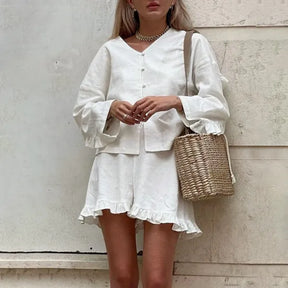 Conjunto Feminino Linho Camisa Manga Longa e Shorts Plissado