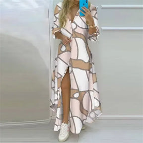 Vestido Longo Boho Estampado Manga Longa com Fenda