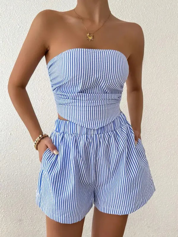 Conjunto Feminino Top Cropped Azul com Calça Wide Leg