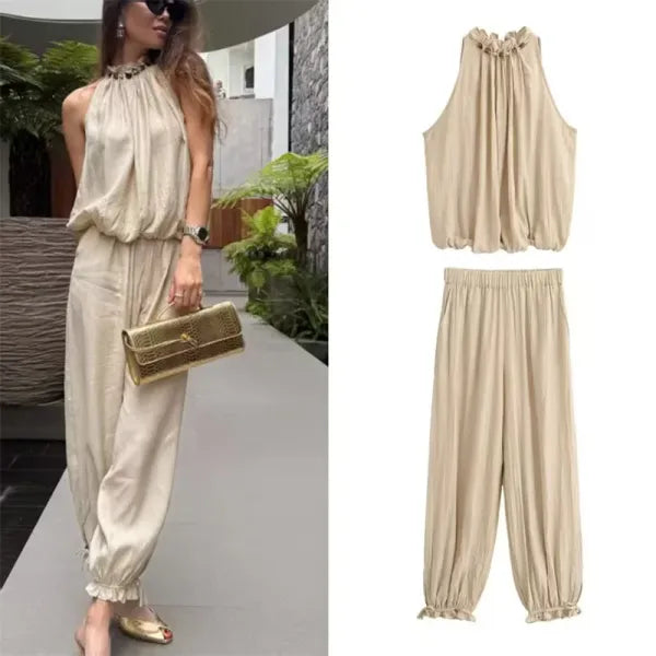 Conjunto Feminino Verão 2026 - Colete Cáqui com Miçangas