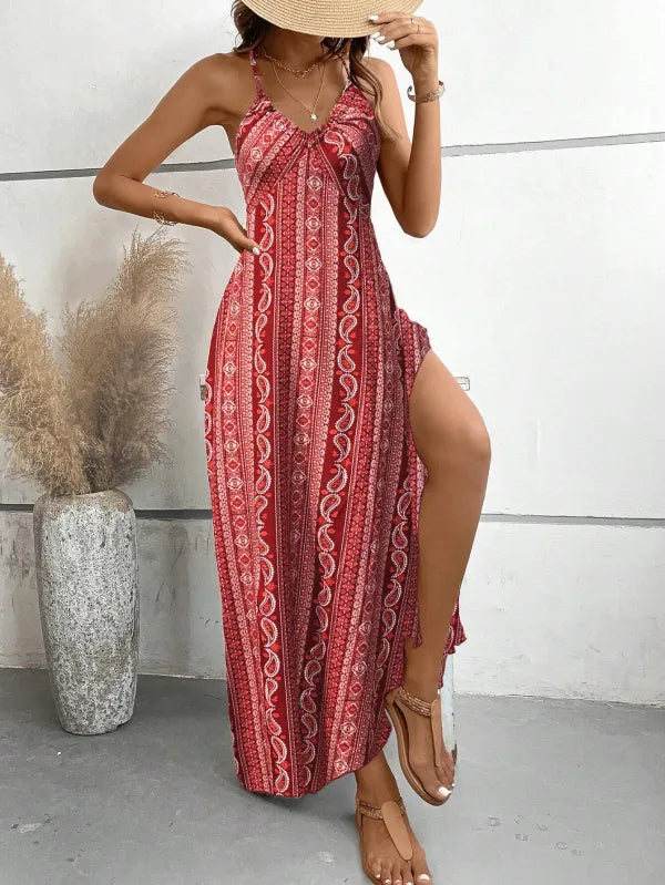 Vestido Boho Estampa Étnica Costas Nuas Verão Feminino