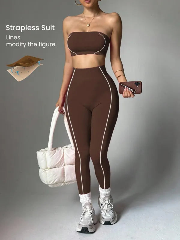 Conjunto Legging Yoga Sem Costura + Top Bandeau Feminino