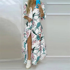 Vestido Longo Boho Estampado Manga Longa com Fenda