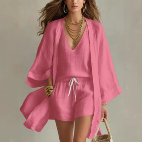 Conjunto Feminino 3 Peças Linho Colete Cardigan e Short