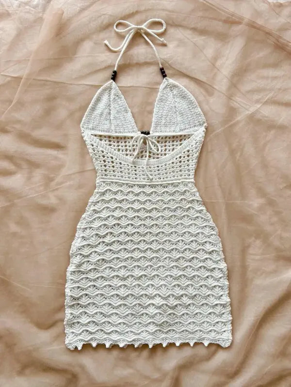 Vestido Crochê Halter Branco Fluido | Resort Chic
