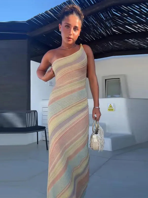 Vestido Longo Um Ombro Estampado Resort Chic Verão