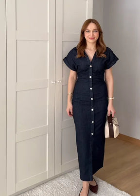 Vestido Jeans Midi Feminino com Lapela e Zíper Lateral