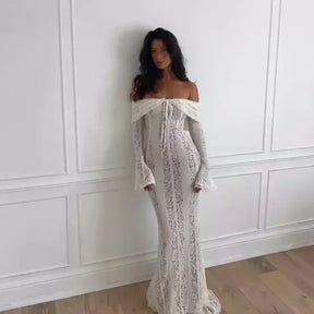 Vestido Longo Ombro a Ombro Renda Festa Elegante 2025