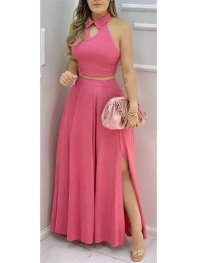 Conjunto Feminino Rosa Halter - Top Curto e Saia Maxi