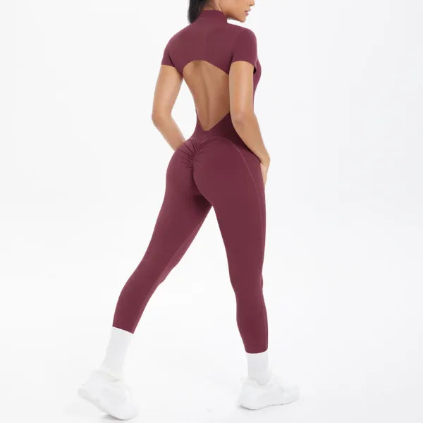 Macacão Fitness Feminino Costas Abertas Scrunch e Zíper