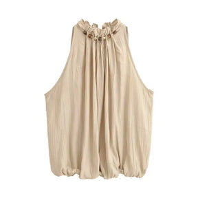 Conjunto Feminino Verão 2026 - Colete Cáqui com Miçangas