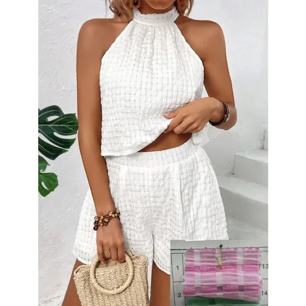 Conjunto Feminino Cropped Halter + Shorts Cintura Alta
