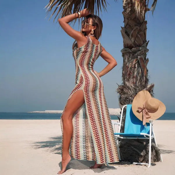 Vestido Longo Tricotado Boêmio Cintura Alta Feminino