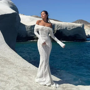 Vestido Longo Ombro a Ombro Renda Festa Elegante 2025
