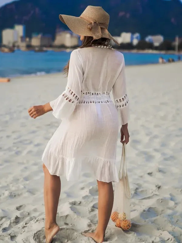 Saída de Praia Cardigã com Franjas e Pompons
