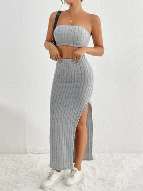 Conjunto Cropped e Saia Cintura Alta Malha Canelada