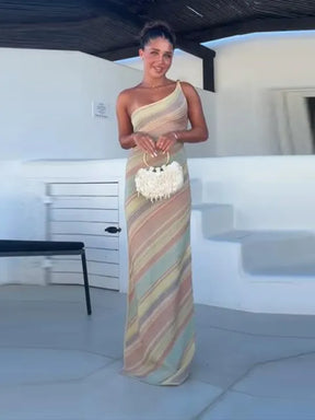 Vestido Longo Um Ombro Estampado Resort Chic Verão