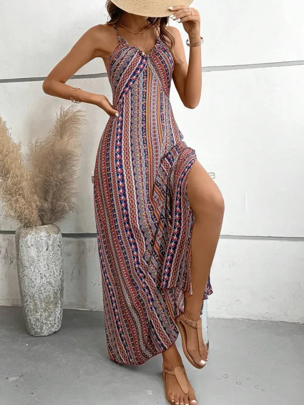 Vestido Boho Estampa Étnica Costas Nuas Verão Feminino