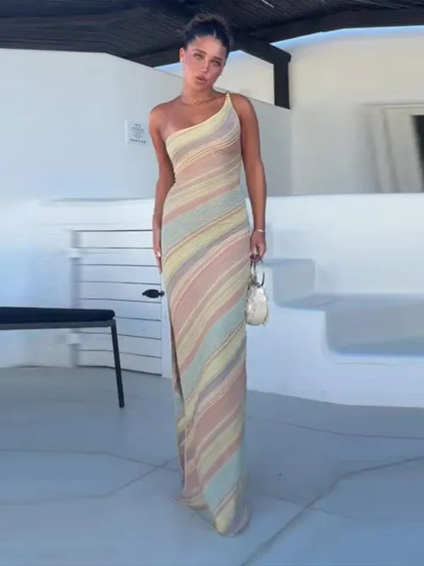 Vestido Longo Um Ombro Estampado Resort Chic Verão
