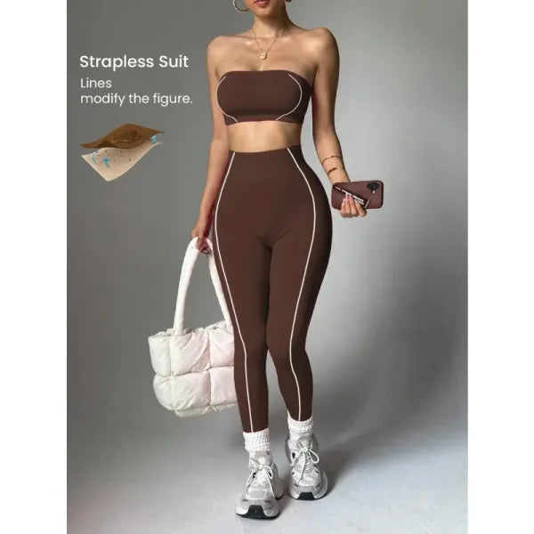 Conjunto Legging Yoga Sem Costura + Top Bandeau Feminino