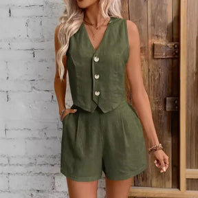Conjunto Feminino Linho Colete e Shorts Casual Elegante