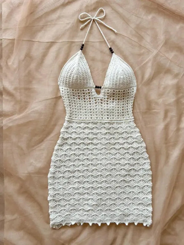 Vestido Crochê Halter Branco Fluido | Resort Chic