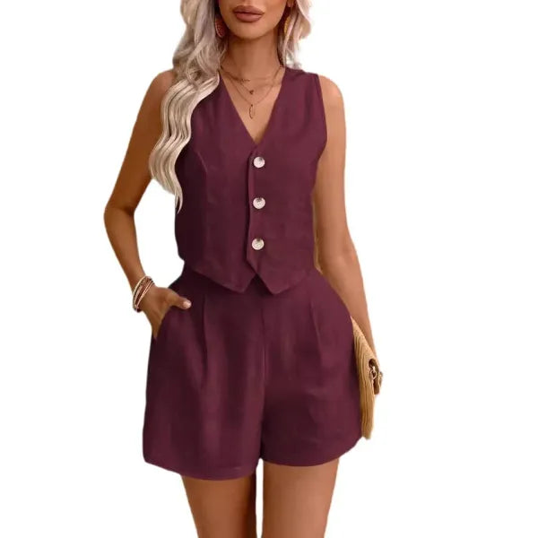 Conjunto Feminino Linho Colete e Shorts Casual Elegante