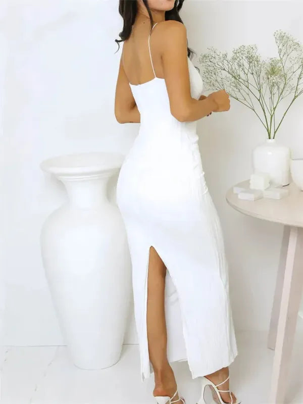 Vestido Longo Feminino Franzido com Fenda — Festa