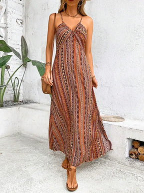 Vestido Boho Estampa Étnica Costas Nuas Verão Feminino