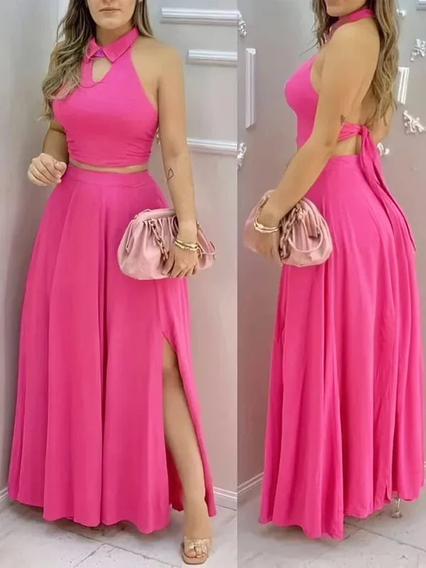 Conjunto Feminino Rosa Halter - Top Curto e Saia Maxi