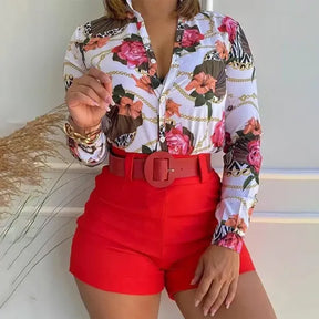 Conjunto Feminino Shorts e Blusa Manga Longa Decote V