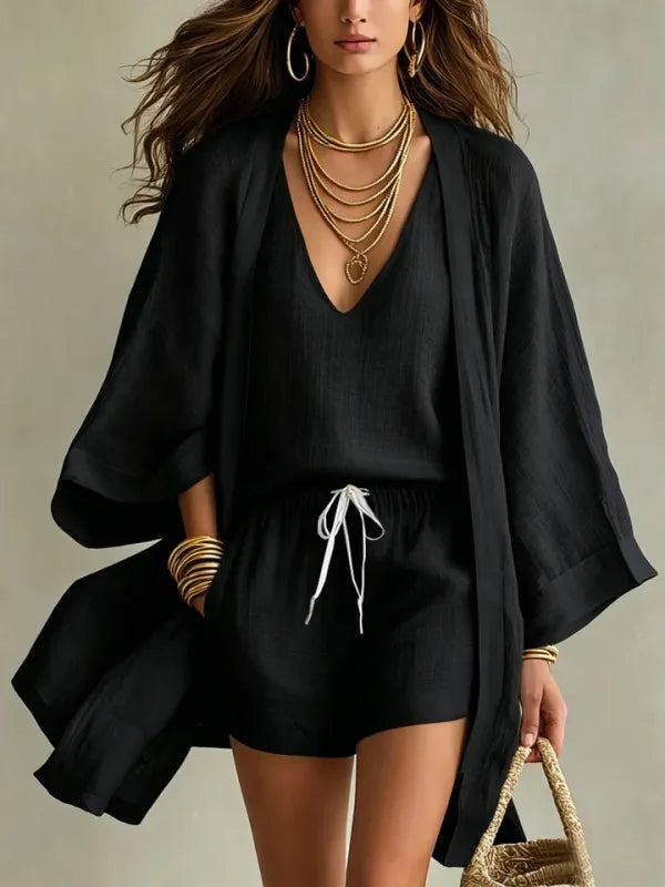 Conjunto Feminino 3 Peças Linho Colete Cardigan e Short