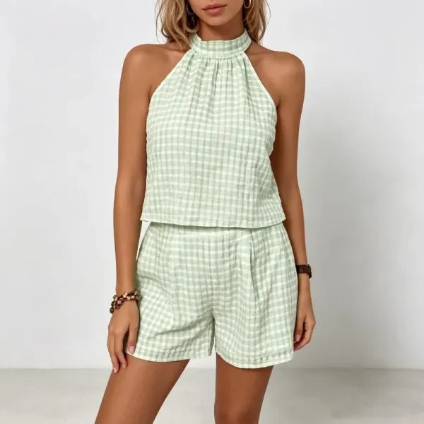 Conjunto Feminino Cropped Halter + Shorts Cintura Alta