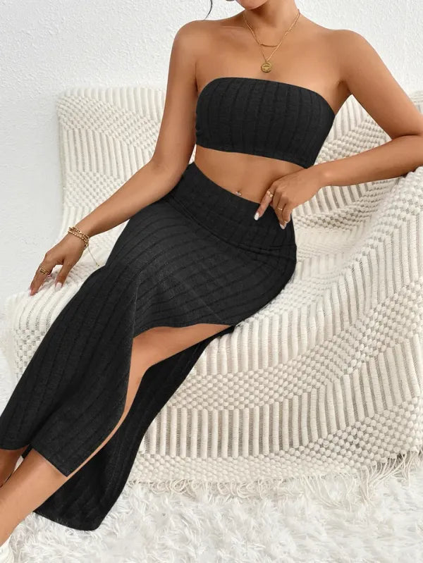 Conjunto Cropped e Saia Cintura Alta Malha Canelada