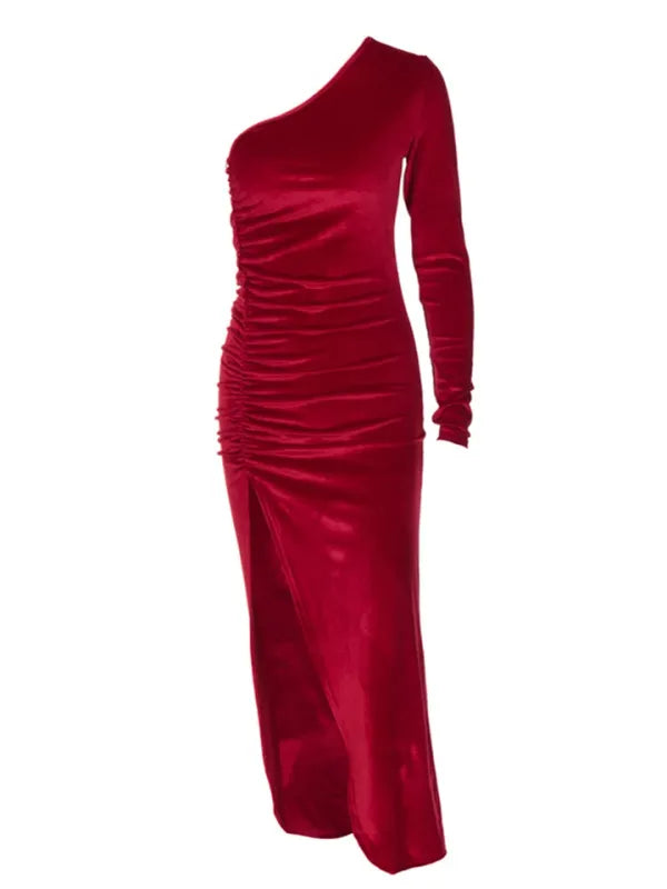 Vestido Midi Veludo Bodycon Manga Longa Fenda Elegante