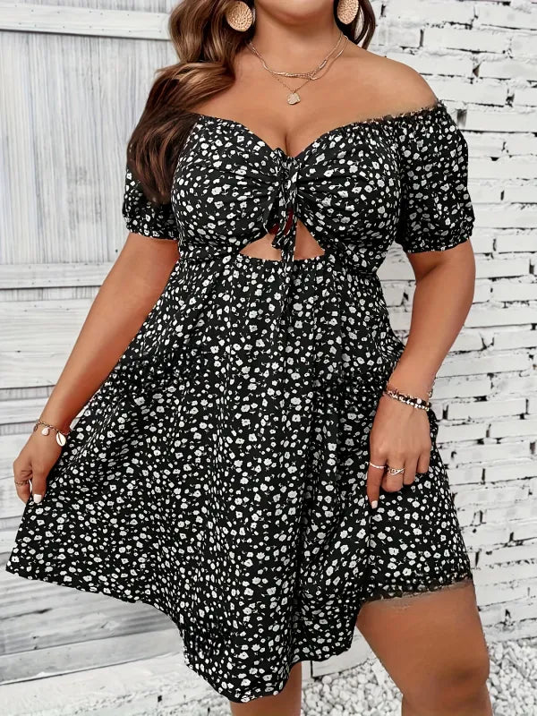Vestido Floral Plus Size Decote Ombro