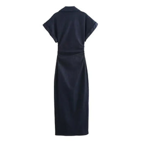 Vestido Jeans Midi Feminino com Lapela e Zíper Lateral