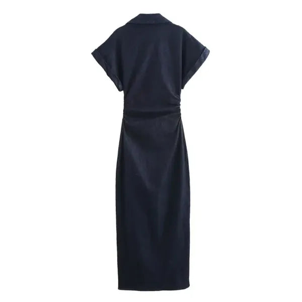 Vestido Jeans Midi Feminino com Lapela e Zíper Lateral